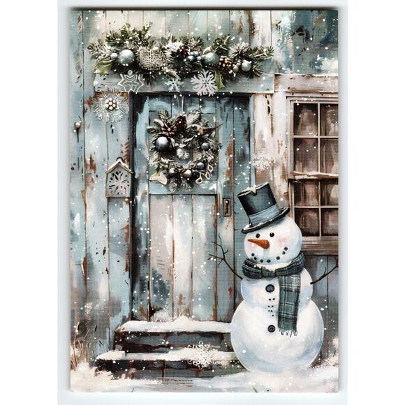 Vintage Christmas Snowman Wreath Blue Door Lithograph Postcard 5.5x4 - Picture 1 of 2